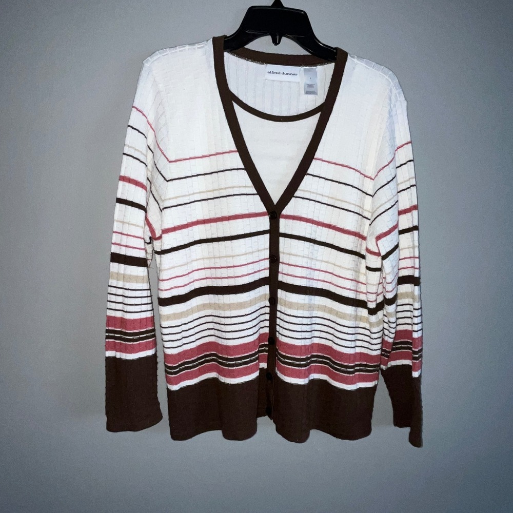 Vintage Alfred‎ Dunner Womens Cardigan Sweater Large Striped Preppy Ivy League